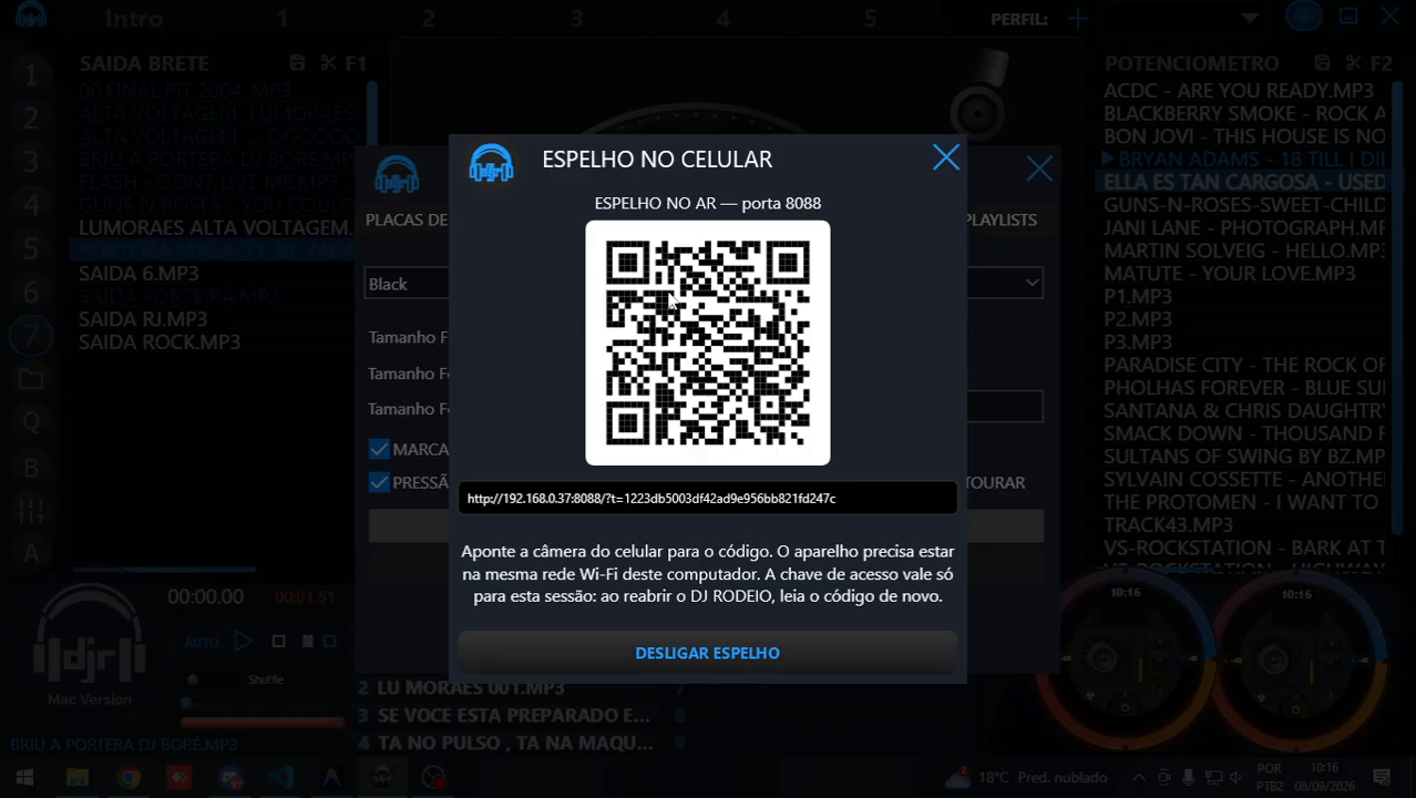 Tela de espelhamento do DJRodeio via QR Code
