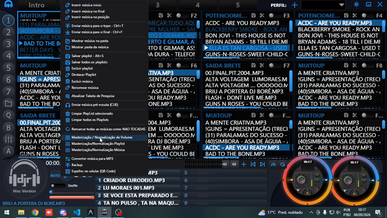Interface real do DJRodeio mostrando recursos de playlist e menu operacional
